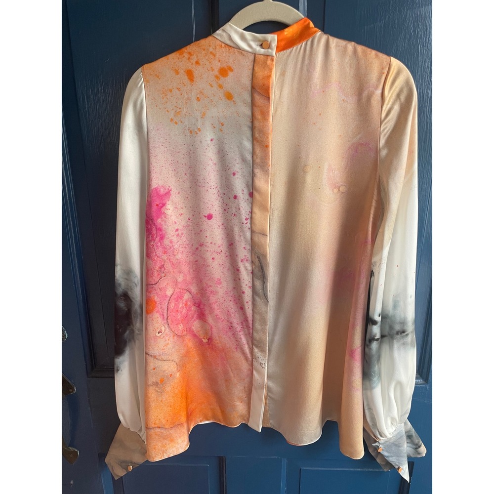 Roksanda Silk Blouse Abstract Watercolor Painterly Print Size 8 High Neck - Picture 3 of 8